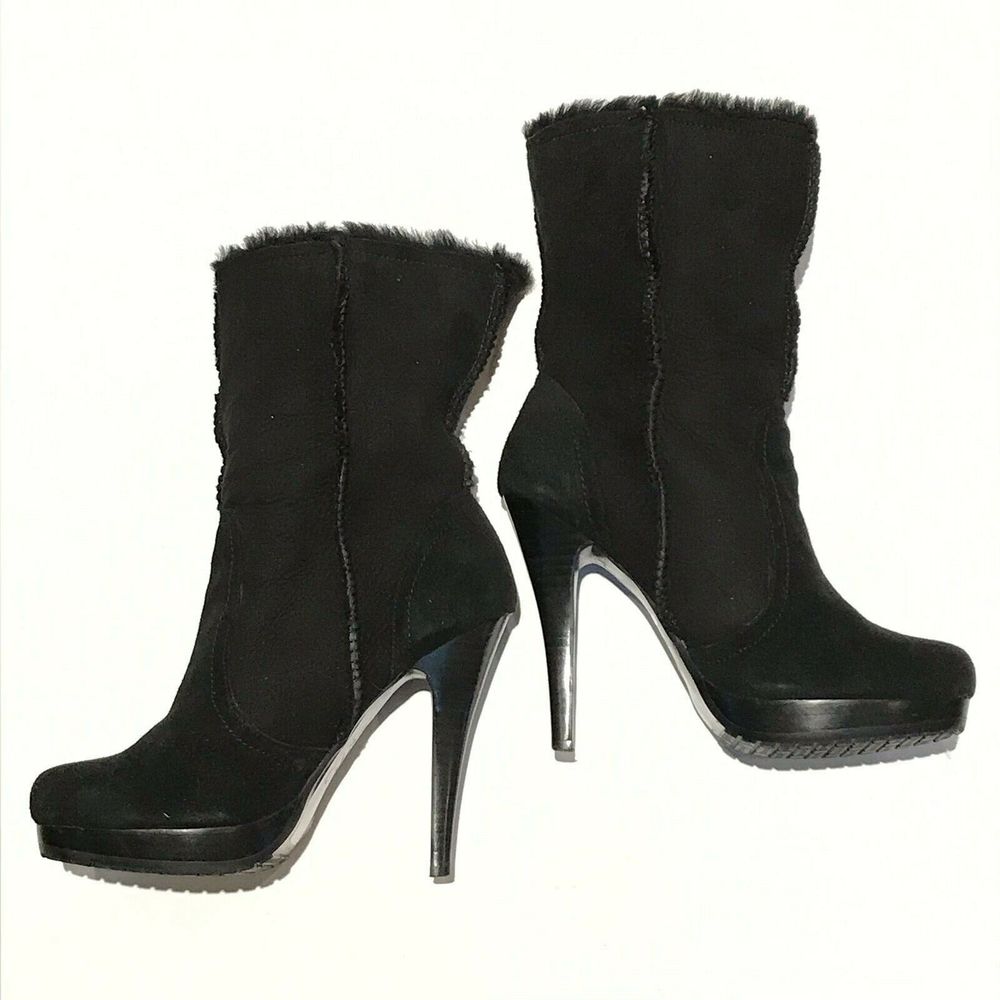 Charles David Boots Womens 9 B Black Suede Leather Faux Fur Lined Bootie